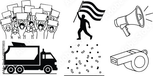 Line art icon set showing protest crowd with placards person waving flag and megaphone plus whistle garbage truck and confetti in flat vector black and white