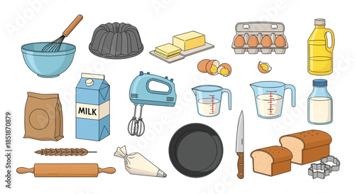 Extensive collection of diverse baking ingredients and tools including flour milk eggs butter mixer and freshly baked bread.