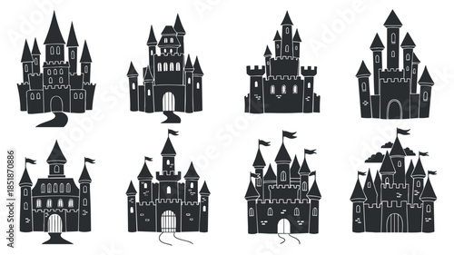 A collection of eight unique castle illustrations in black and white vector style, ideal for fantasy-themed designs