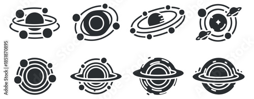A collection of eight planet and galaxy icons in black and white vector style, perfect for space-themed designs and illustrations