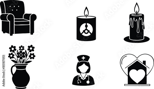 Flat design icon set showing close up armchair jar candle dripping candle vase with flowers nurse looking at viewer house with heart home care symbols silhouette