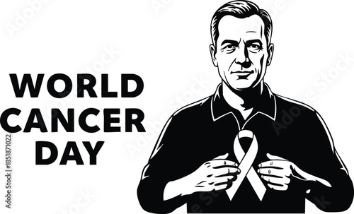 Line art black and white male holding awareness ribbon for world cancer day looking at camera close up torso portrait high contrast minimal bold vector design