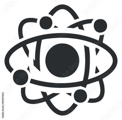An atom symbol with electrons orbiting in black and white minimalist vector style, ideal for science and education projects
