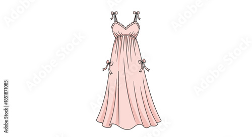 Elegant long flowing pink nightgown or sundress with delicate spaghetti straps and charming bow details.