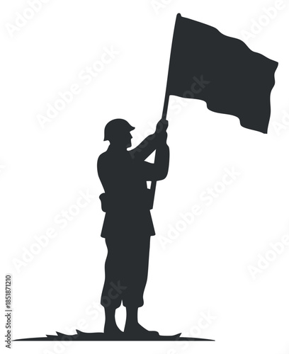A soldier holding a flag in black and white silhouette vector style, perfect for military tribute and patriotic designs