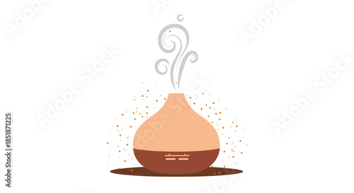 Relaxing essential oil diffuser emitting fragrant steam or vapor surrounded by abstract sparkling speckles.