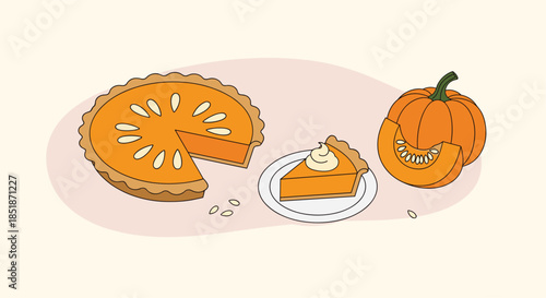 Delicious pumpkin pie presented as a whole pie and a slice on a plate next to a whole pumpkin and an additional slice.