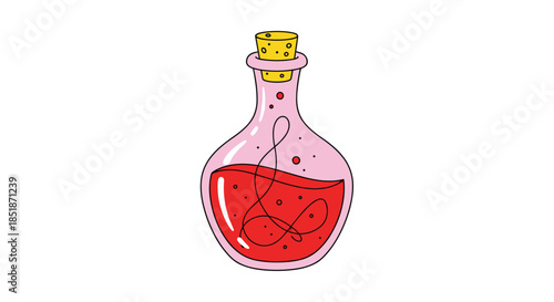 Enchanting pink potion bottle with a secure cork stopper filled with mysterious red liquid and a whimsical wavy line inside.