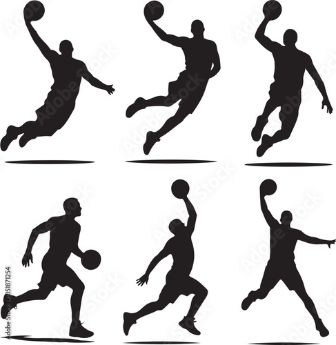 Dynamic basketball player silhouettes in various action poses