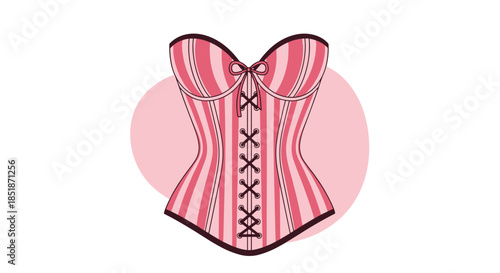 Stylish pink striped corset with delicate laces and charming bow details against a soft pink circular background.