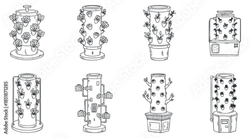 A collection of hydroponic vertical garden systems in outline style, perfect for sustainable urban farming and gardening projects