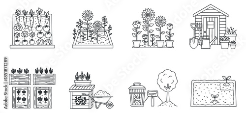 A collection of gardening illustrations featuring vegetables, flowers, and gardening tools in black and white outline style, ideal for nature-themed projects