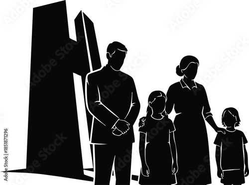 Silhouette vector close up family standing beside memorial monument two children parents looking at camera backlit high contrast black and white somber mood landscape orientation minimalist