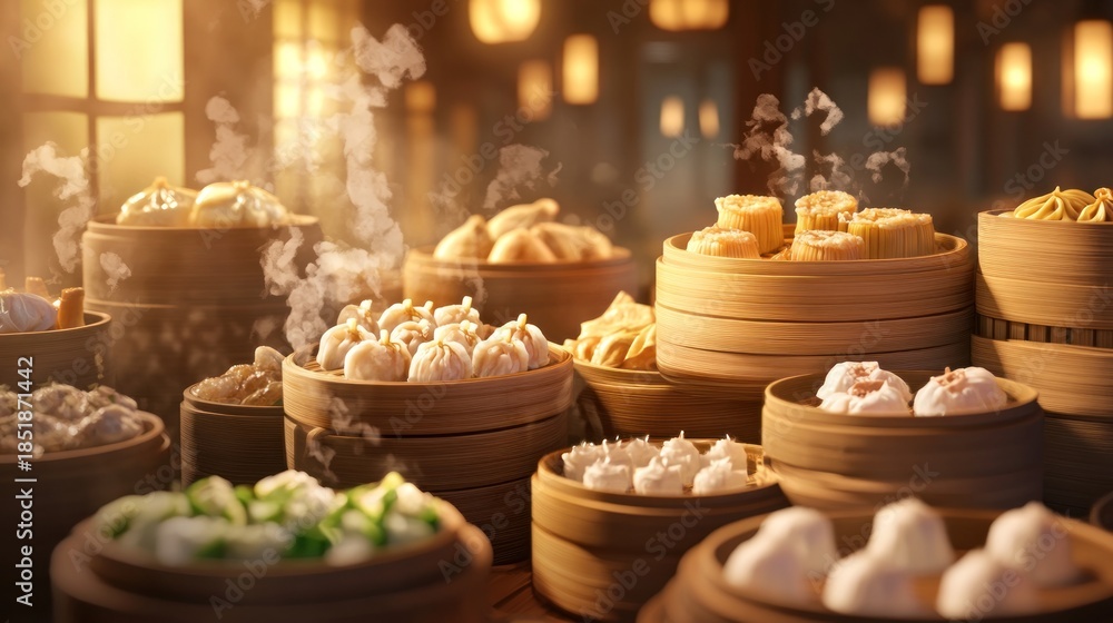 Fototapeta premium Steaming baskets of assorted Asian dumplings.