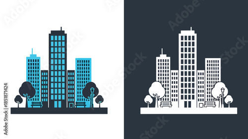 Cityscape icon set - Blue icon set - Solid icons vector collection - Vector icon set - Line and glyph solid icon set - Icon vector - Flat Design Icon