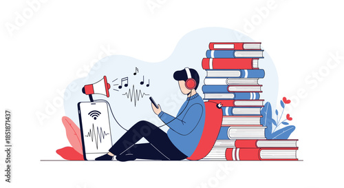 Person with headphones listening to an audiobook on a smartphone sitting next to a stack of books and a megaphone.