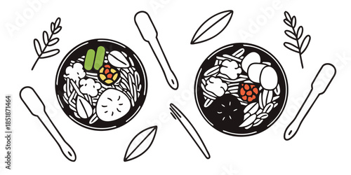 Top View Flat Lay of Healthy Plant-Based Meal Prep Bowls with Colorful Vegetables