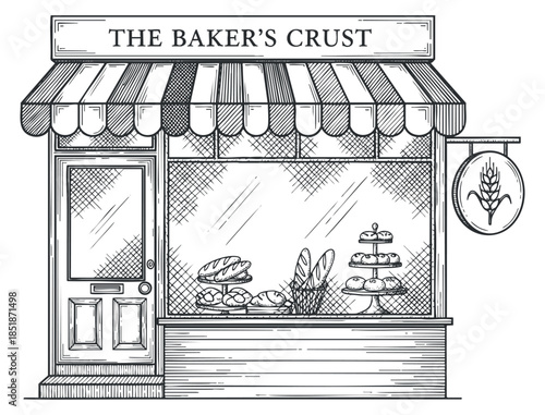 A vintage bakery storefront with pastries and bread displayed in black and white sketch vector style, ideal for food-related branding