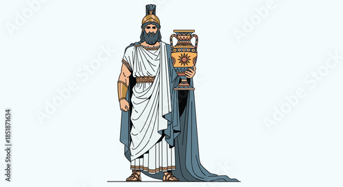 Illustration of an ancient Greek man in traditional attire wearing a helmet and cloak holding an ornate pottery vase depicting mythological art and historical culture.
