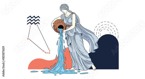 Illustration of the Aquarius zodiac sign showing a woman pouring water from an amphora with the constellation symbol, representing the water bearer and astrological symbolism.