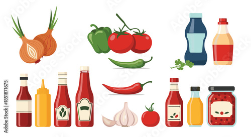 Diverse collection of condiments and fresh vegetables including onions peppers tomatoes garlic and different sauce bottles for cooking and culinary use.