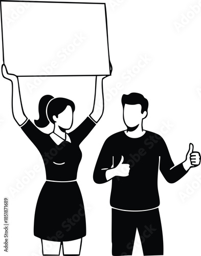 Line art close up protest couple woman holding blank placard looking at camera man giving thumbs up flat vector illustration minimal simple bold black and white