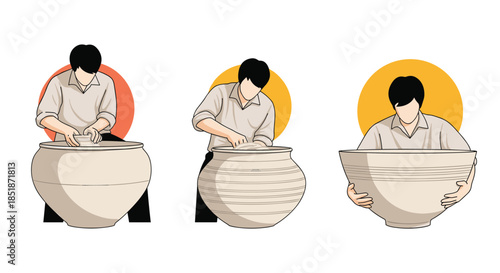 Set of three illustrations depicting a man in different stages of shaping pottery on a potter's wheel showing the creative ceramic process.