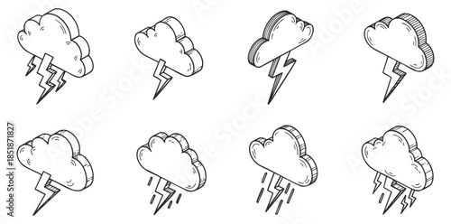 A collection of various cloud and lightning icons in black and white outline vector style, suitable for weather-related designs