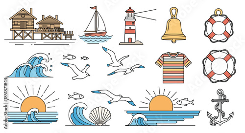 Diverse set of nautical and beach-themed illustrations featuring coastal houses a sailboat lighthouse lifebuoys waves seagulls and a sunset for maritime designs.