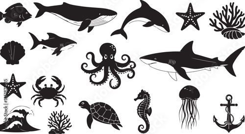 Black and white ocean sea life vector icons