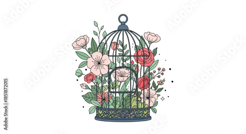 Beautiful decorative birdcage overflowing with vibrant colorful flowers and lush green leaves symbolizing freedom nature and artistic beauty.