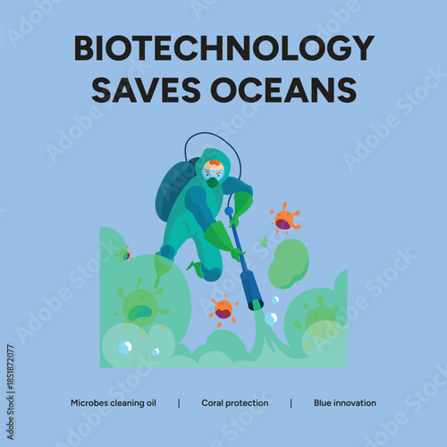 Biotechnology saves oceans with diver cleaning pollution and marine life protection