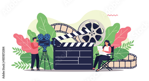 Dynamic illustration of a film crew working on a movie set with a camera clapperboard and film reel surrounded by tropical leaves representing cinema production.