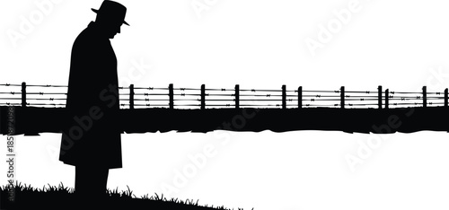 Minimalist silhouette vector side view of lone man in hat standing and looking down beside waterfront railing high contrast black and white moody composition solitary figure