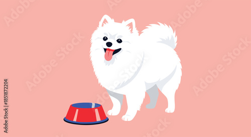 Adorable fluffy white dog possibly a Pomeranian or Spitz with its tongue out standing next to a red dog bowl on a pink background.