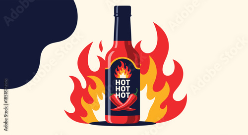 Dynamic illustration of a hot sauce bottle engulfed in vibrant flames with chili peppers on the label representing intense flavor and spiciness.