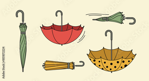 Diverse set of umbrellas in various states including closed open inverted and windblown depicting different weather conditions and practicality.