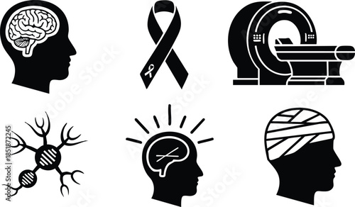 Flat design close up neurology icon set shows six black neuroscience symbols including brain mri neuron awareness ribbon mri scanner head with bandage and idea rays