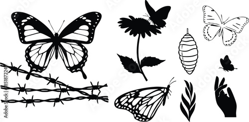 Silhouette vector set of butterfly chrysalis wings hand releasing butterfly above barbed wire with single flower close up isolated black and white layout minimal stencil composition