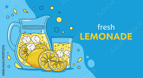 Refreshing illustration of a pitcher and glass of fresh lemonade with slices of lemon and ice cubes set on a vibrant blue background with "fresh lemonade" text.