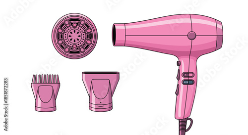 Detailed illustration of a pink hairdryer with multiple interchangeable attachments including a diffuser and nozzle for versatile hair styling.