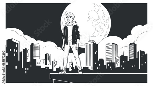 A boy standing on a rooftop overlooking a city skyline with a large moon in black and white vector style, ideal for graphic novels and storytelling projects