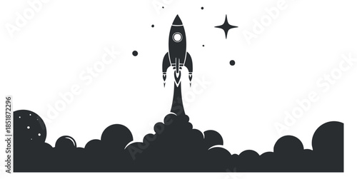 A rocket launching into space with clouds and stars in minimalist black and white vector style, perfect for technology and exploration themes