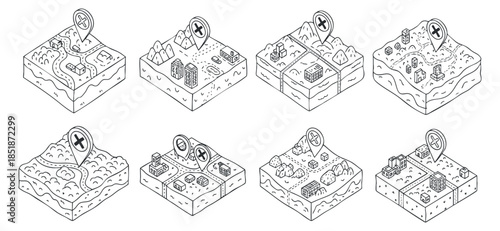 A set of map icons depicting various terrains like mountains, rivers, and cities in black and white outline vector style, ideal for navigation and adventure applications