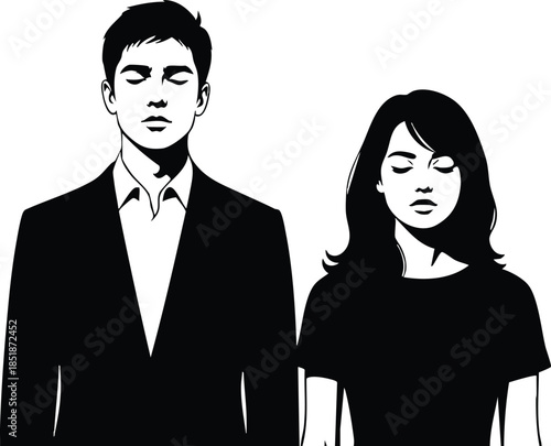 Silhouette vector close up man and woman standing side by side eyes closed wearing formal shirt and simple dress high contrast black and white minimal mood