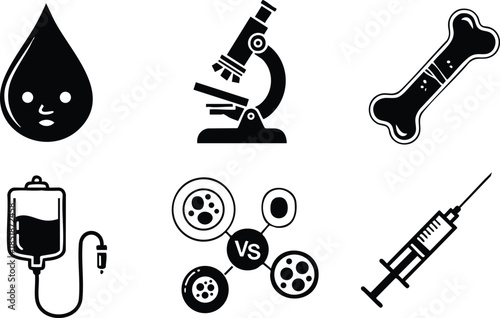 Flat icon set with monochrome medical symbols including smiling blood drop microscope bone iv bag syringe film reels arranged in neat grid minimal vector collection style