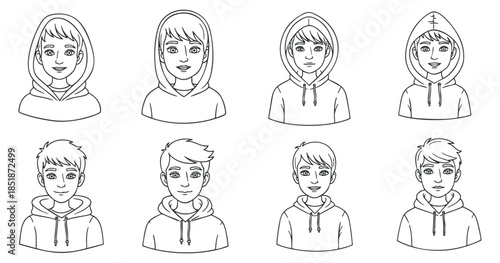 A set of eight cartoon boys in hoodies with various facial expressions in black and white outline vector style, ideal for character design projects.