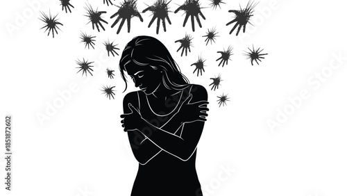 Silhouette of a distressed woman hugging herself while being attacked by abstract dark negative forces