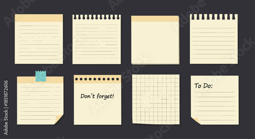 Diverse set of various note papers sticky notes and blank memo pads with different textures and designs on a dark background for reminders and organization.