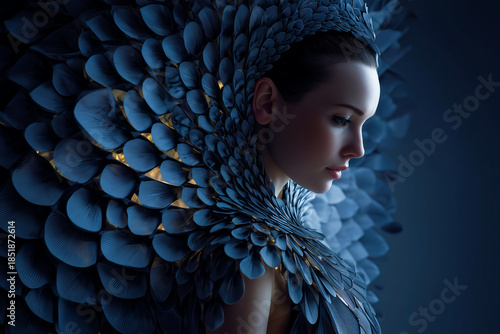 A futuristic bio-digital fashion display pod grown from organic polymers with glowing digital overlays. Female model posing with futuristic clothing. Bio digital fashion.